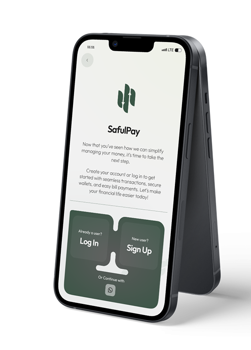 SafulPay mobile app login and signup screen mockup